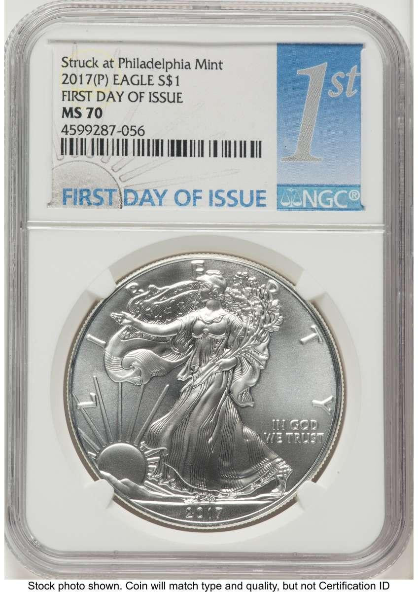 Bullionshark 2017-(P) $1 American Silver Eagle Coin NGC MS70 - Struck at Philadelphia - First Day of Issue - HAT789018047 
