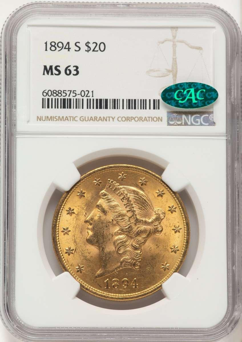 Bullionshark 1894-S $20 Liberty Gold Double Eagle NGC MS63  CAC - HAT788062023 
