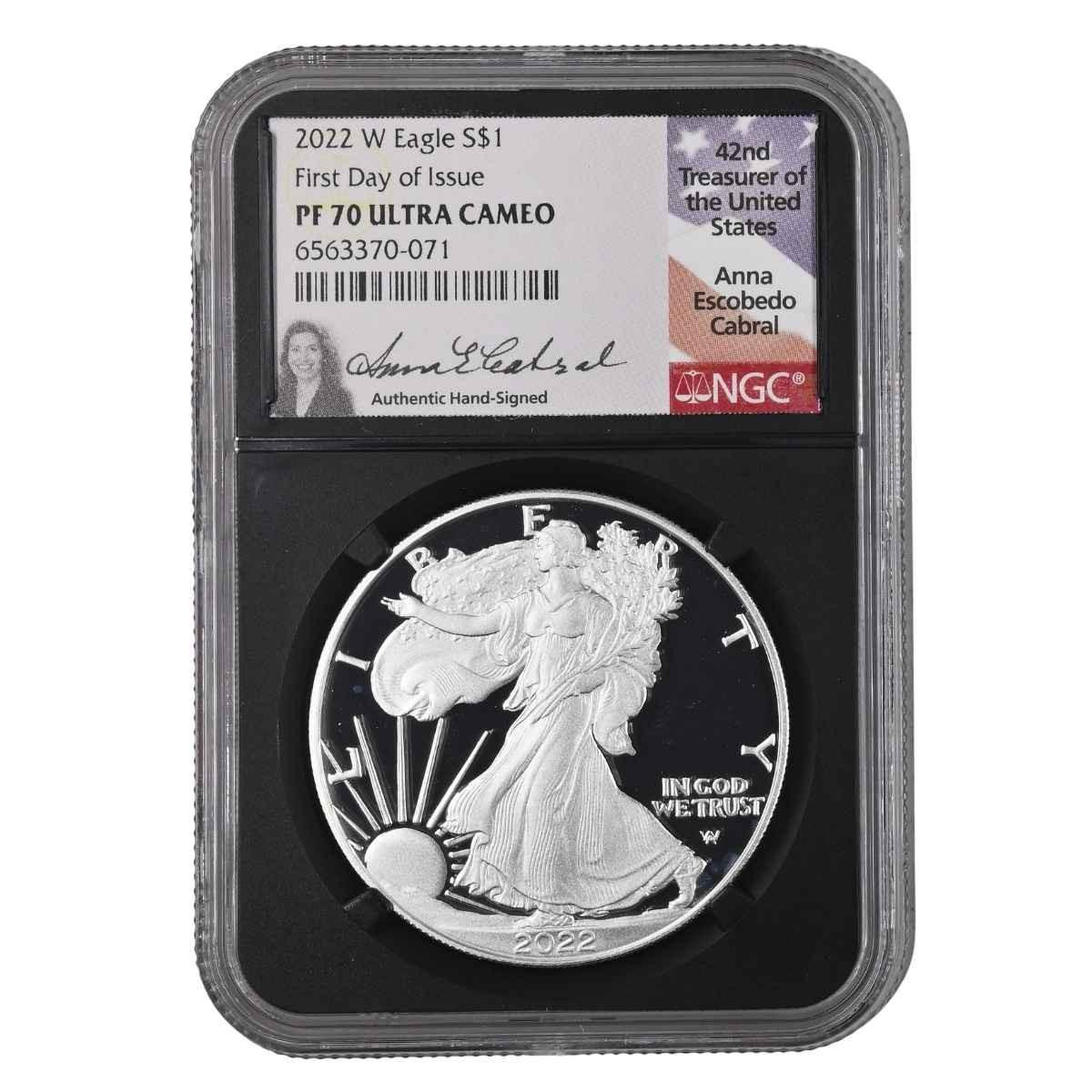 2022-W American Silver Eagle PF70 UCAM FDI Signed by Anna Cabral