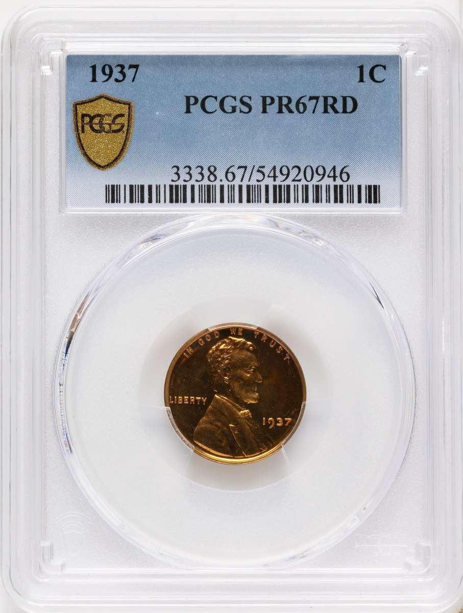 1937 1C Proof Lincoln Cent Coin PCGS PR67     RD coin front image