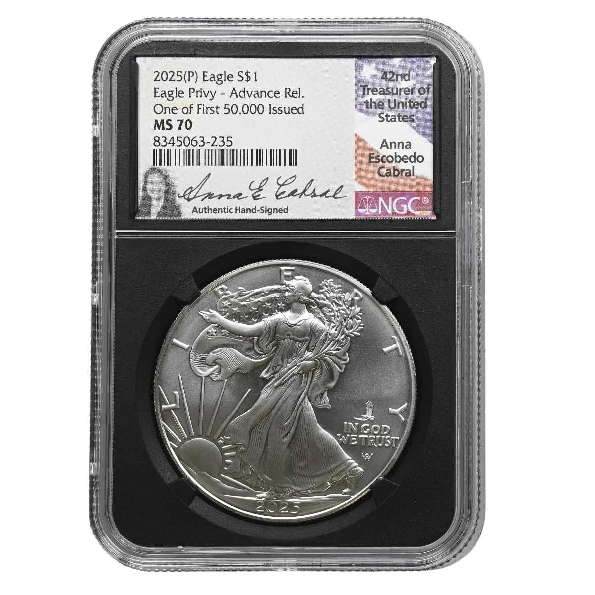 2025(P) American Silver Eagle MS70 Adv Release - One of the First 50,000 Signed by Anna Cabral