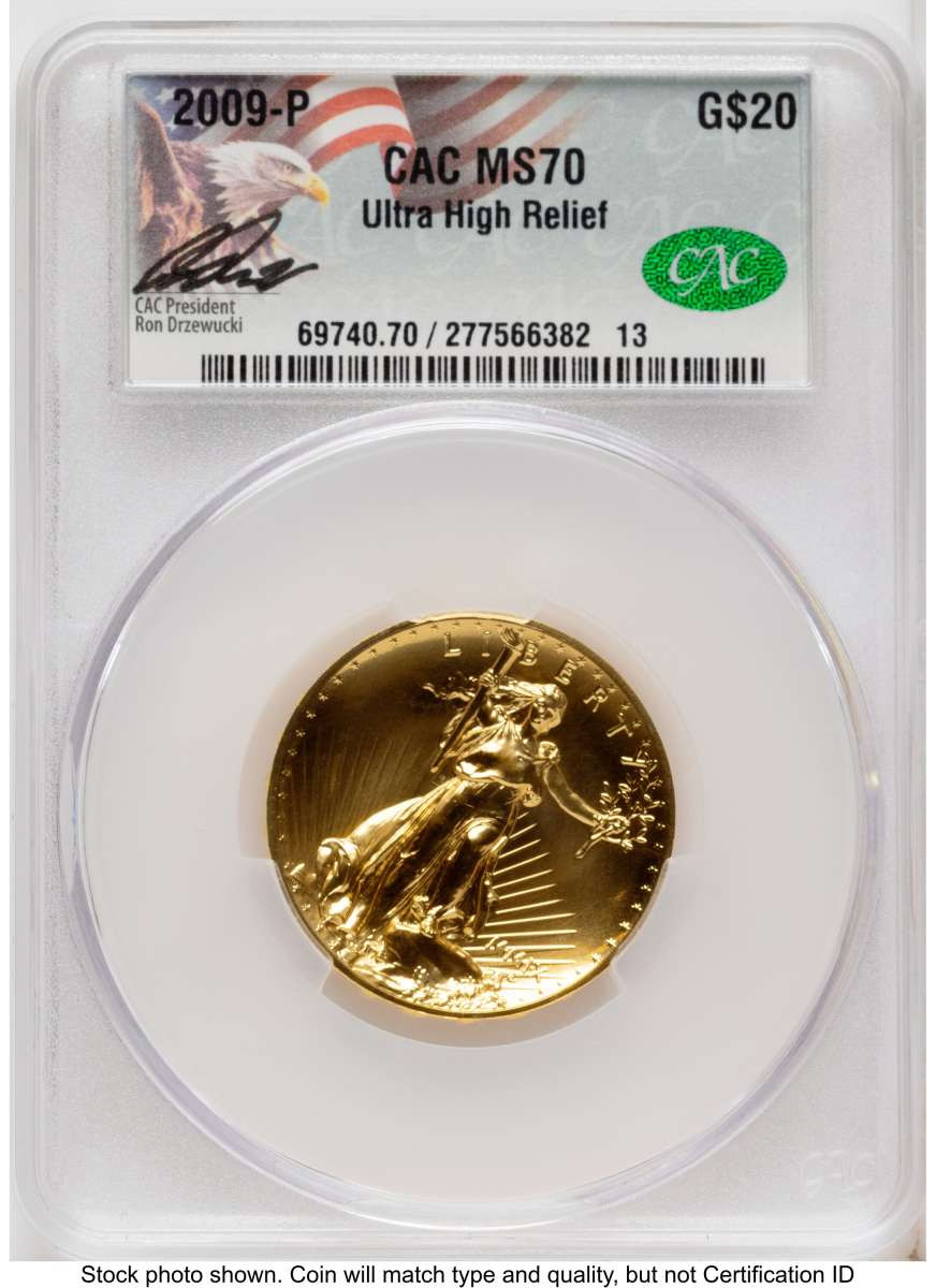 2009 $20 Gold High Relief Coin CACG MS70   One-Ounce Gold Ultra  Twenty Dollar coin front image