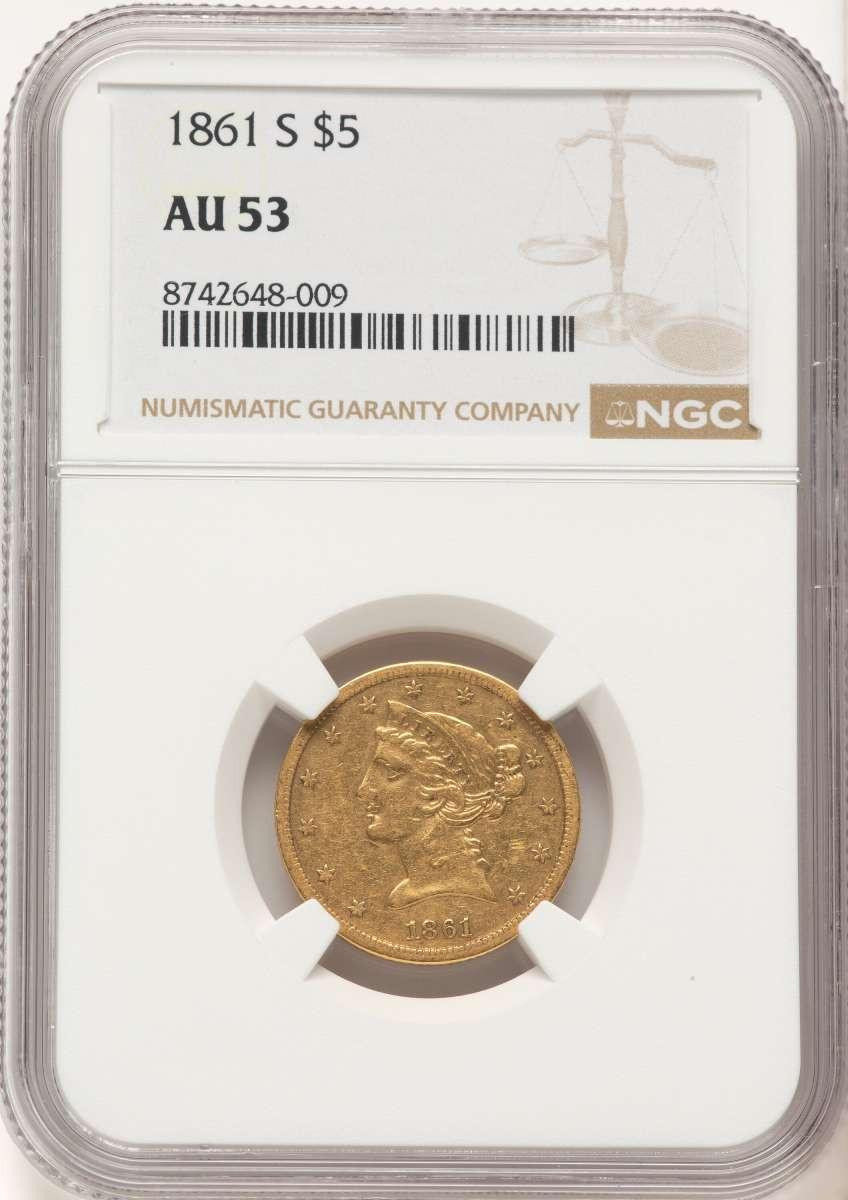 Bullionshark 1861-S $5 Gold Liberty NGC AU53 - HAT508237001 
