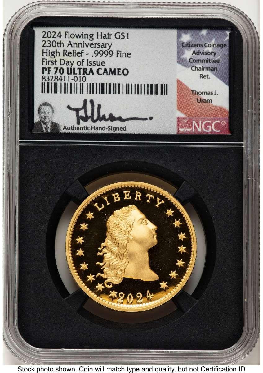 Bullionshark 2024 $1 Gold High Relief Coin NGC MS70   Flowing Hair Dollar - One-Ounce Gold - 230th Anniversary - HAT789477004 