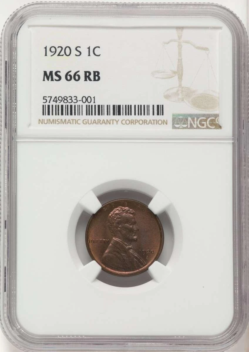 Bullionshark 1920-S 1C Lincoln Cent Coin NGC MS66     RB - HAT508388002 
