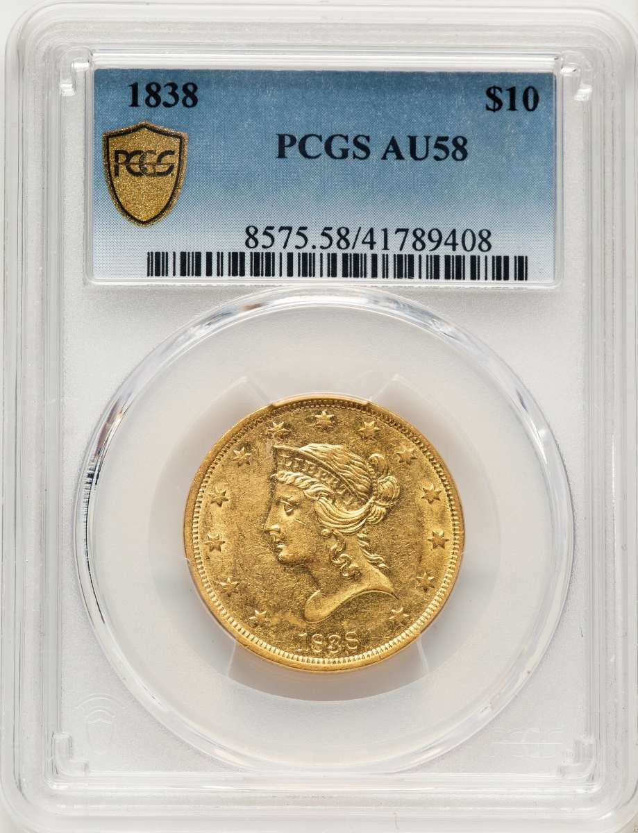 1838 $10 Gold Liberty PCGS AU58 coin front image