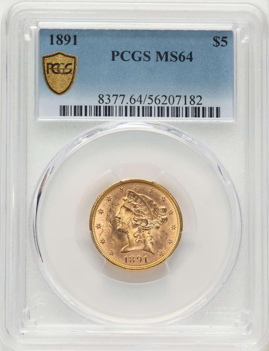 1891 $5 Gold Liberty PCGS MS64 coin front image