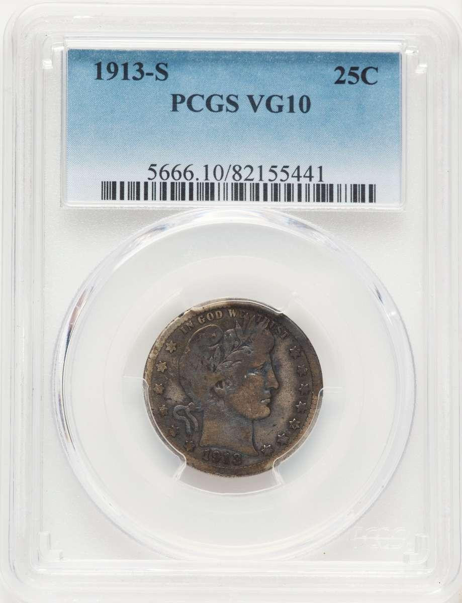 Bullionshark 1913-S 25C Barber Quarter Coin PCGS VG10 - HAT789589016 
