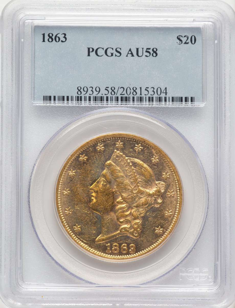 1863 $20 Gold Liberty Double Eagle PCGS AU58 coin front image