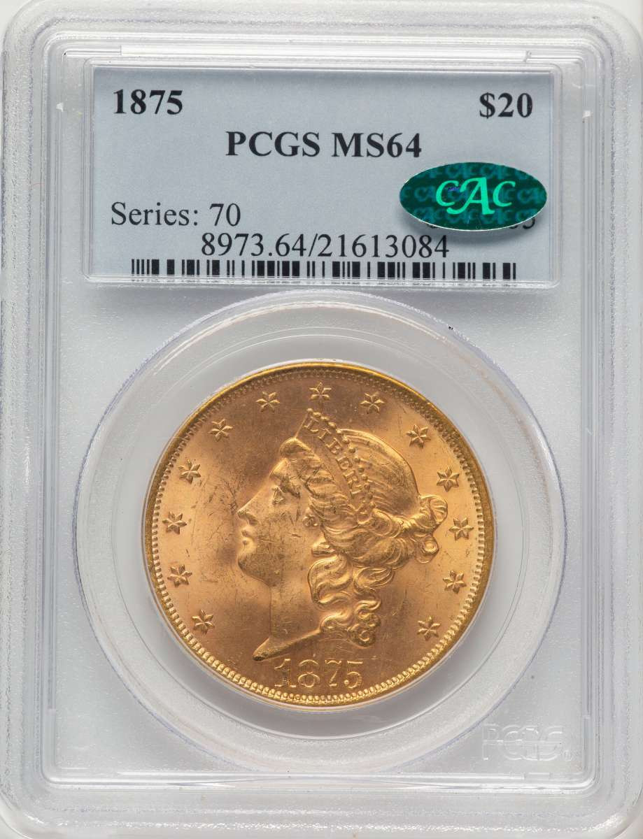 1875 $20 Gold Liberty Double Eagle PCGS MS64  CAC coin front image