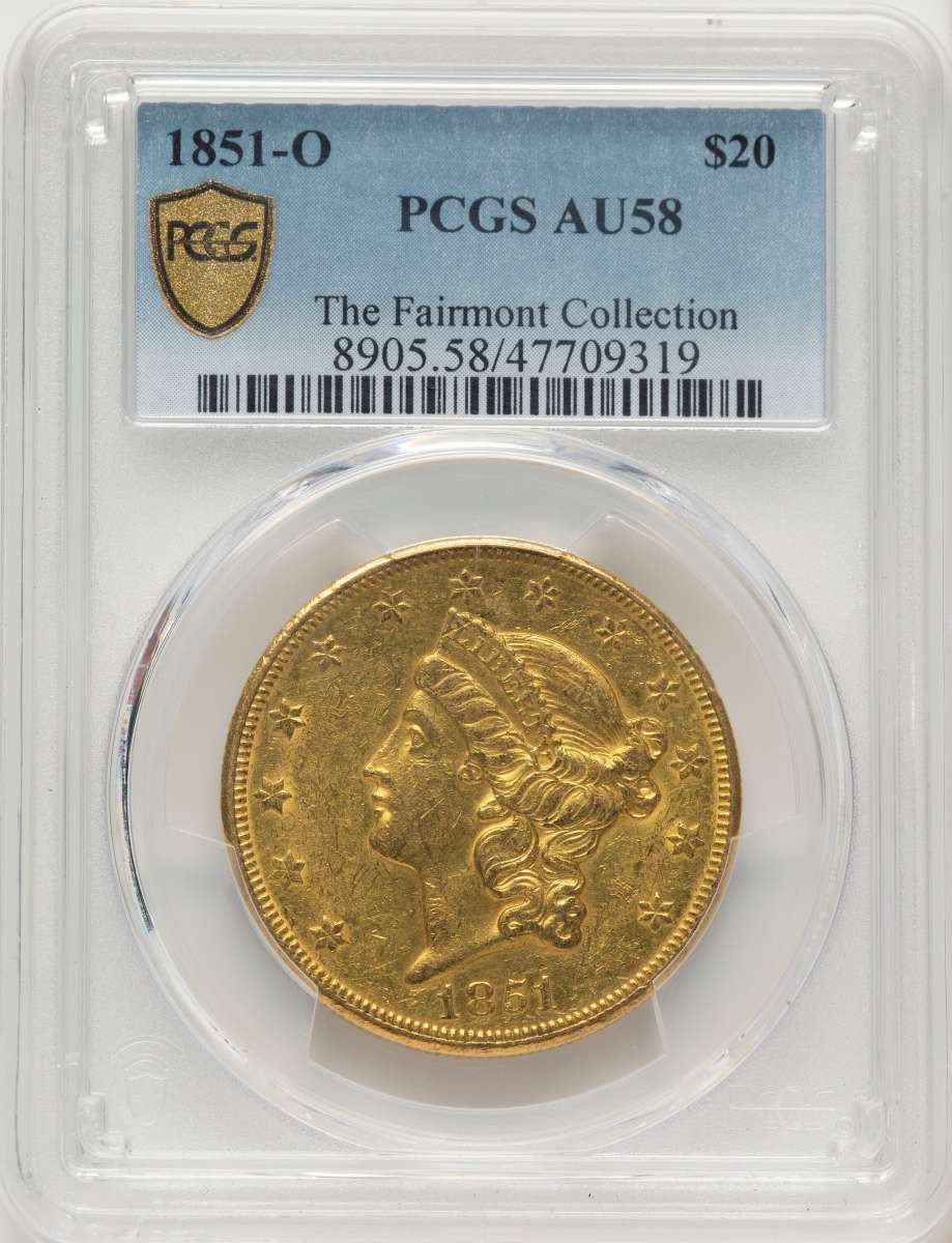 1851-O $20 Gold Liberty Double Eagle PCGS AU58 coin front image