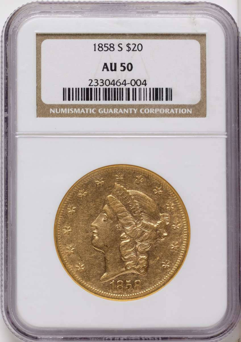 1858-S $20 Gold Liberty Double Eagle NGC AU50 coin front image