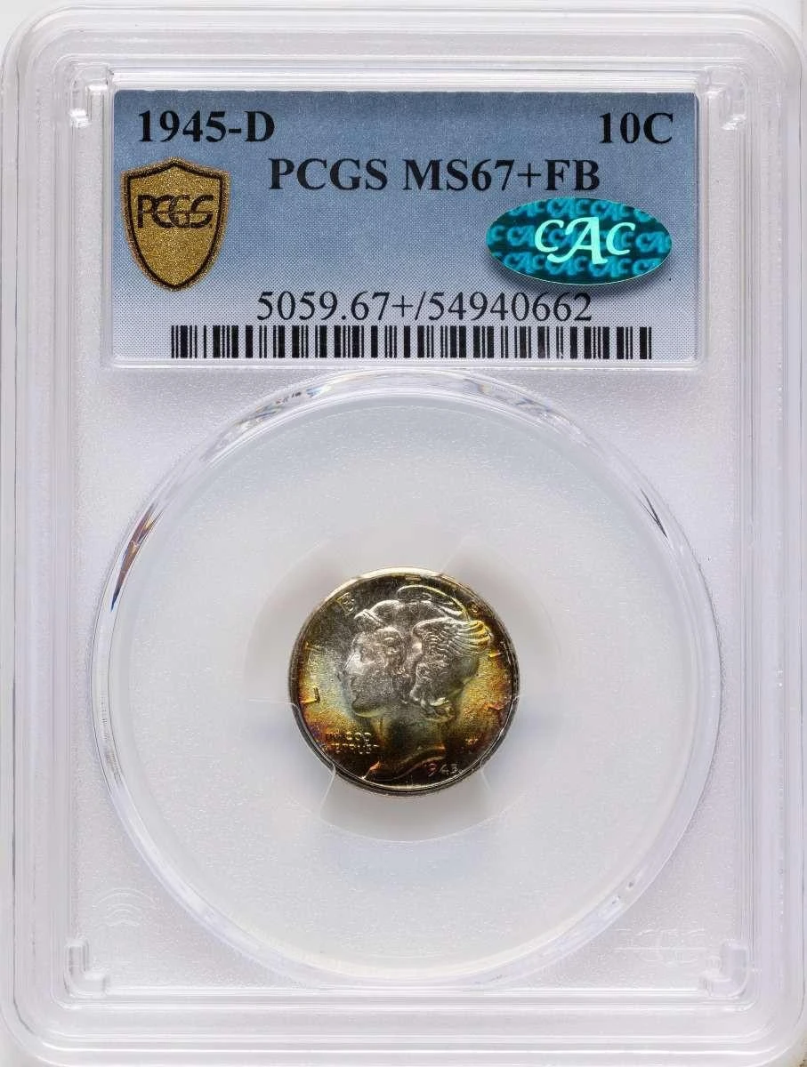 Bullionshark 1945-D 10C Mercury Dime Coin PCGS MS67  CAC + - HAT782656002 