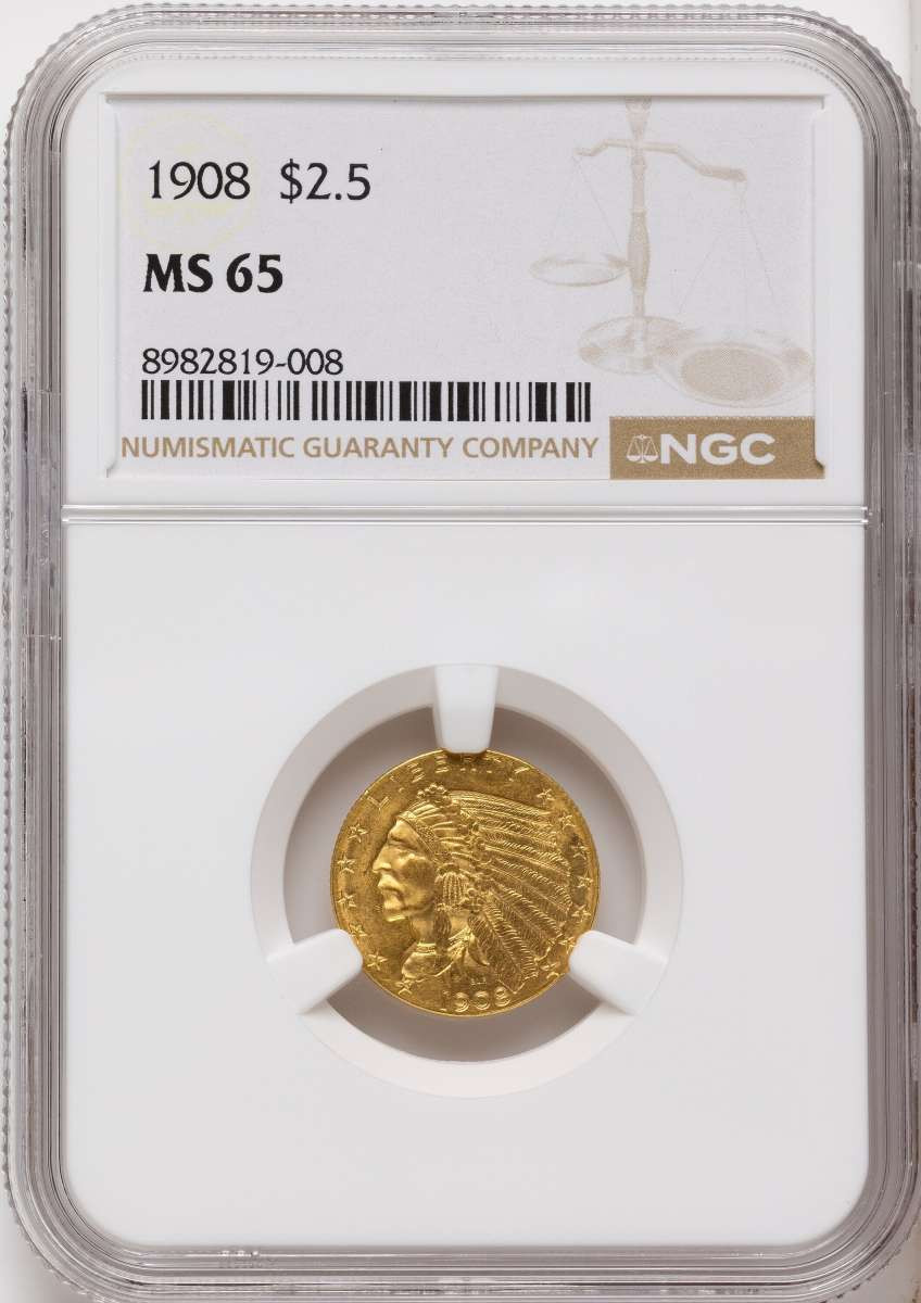 Bullionshark 1908 $2.5 Indian Gold Quarter Eagle Coin NGC MS65 - HAT787547003 