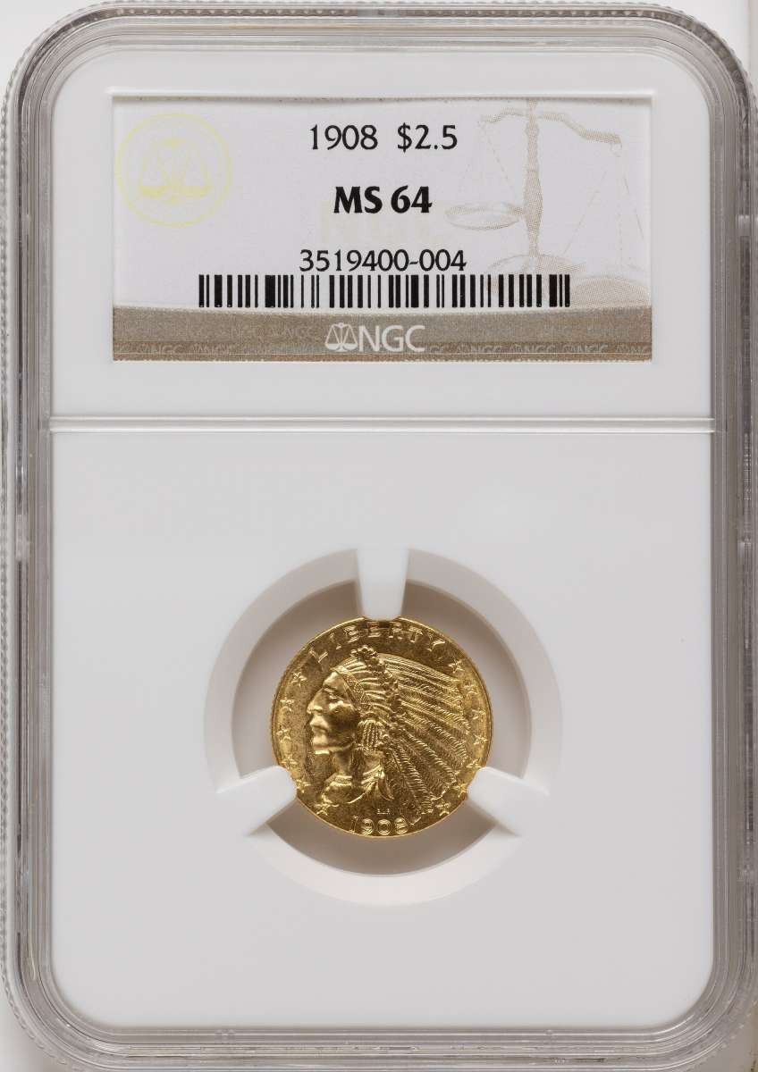 1908 $2.5 Indian Gold Quarter Eagle Coin NGC MS64 coin front image