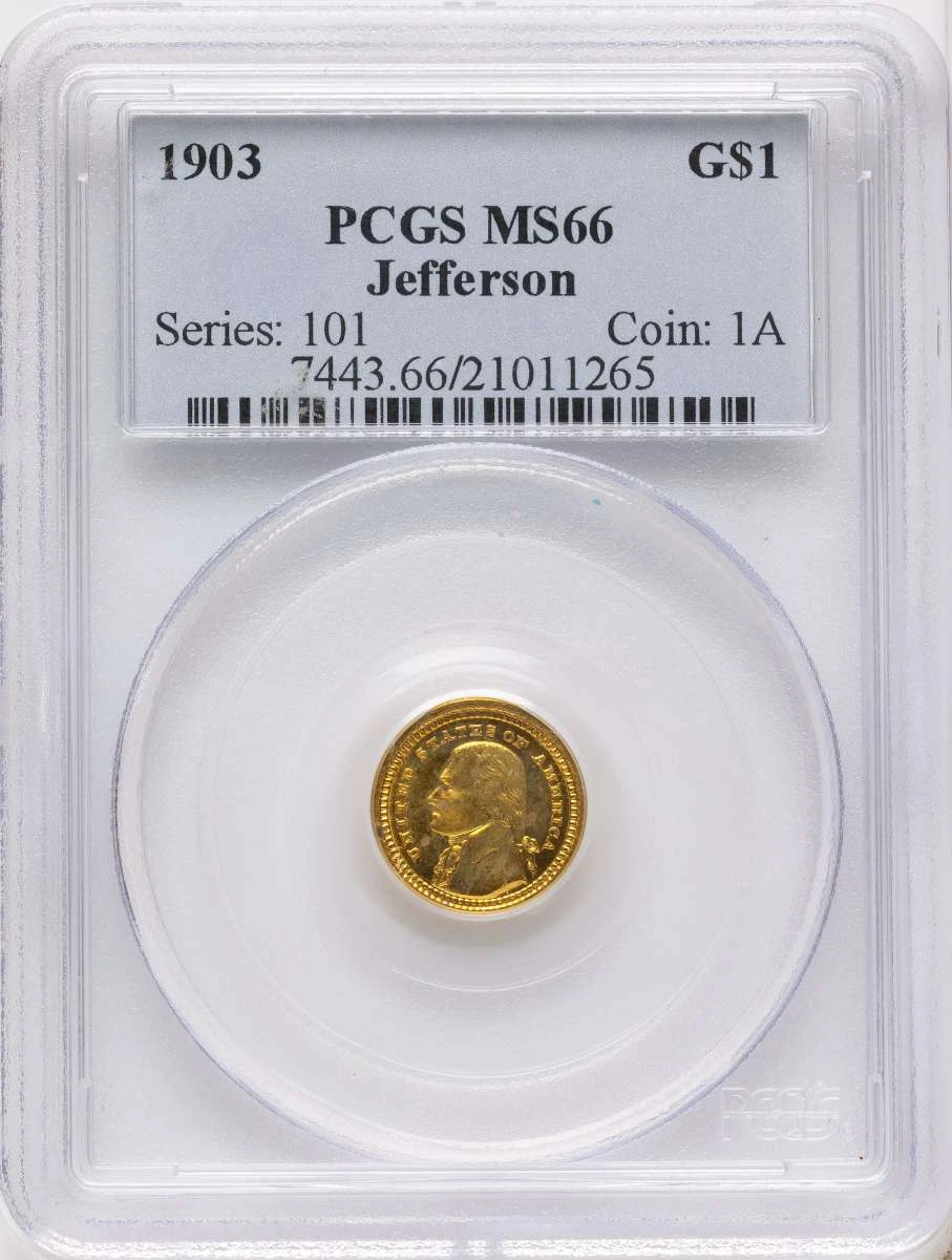 1903 G$1 Commemorative Gold Coin PCGS MS66   Louisiana Purchase - Jefferson Gold Dollar coin front image