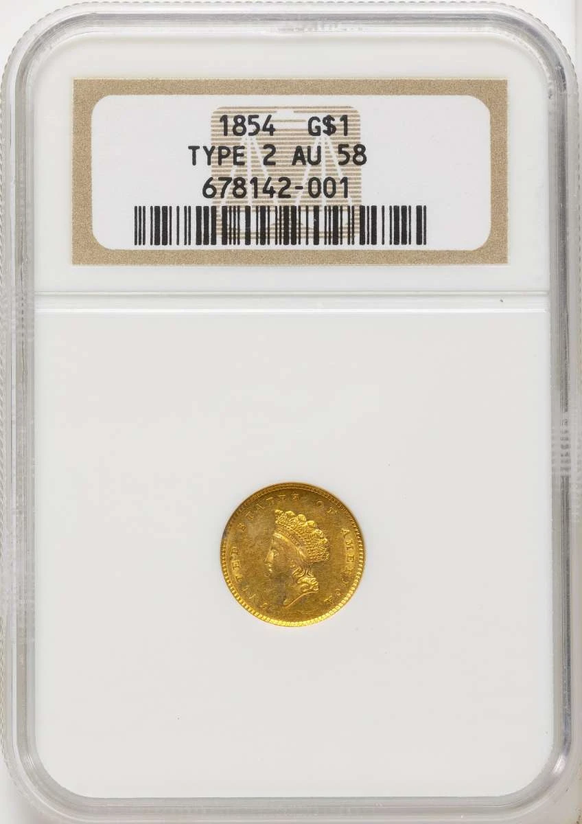 1854 G$1 Gold Dollar Coin NGC AU58   Type Two coin front image