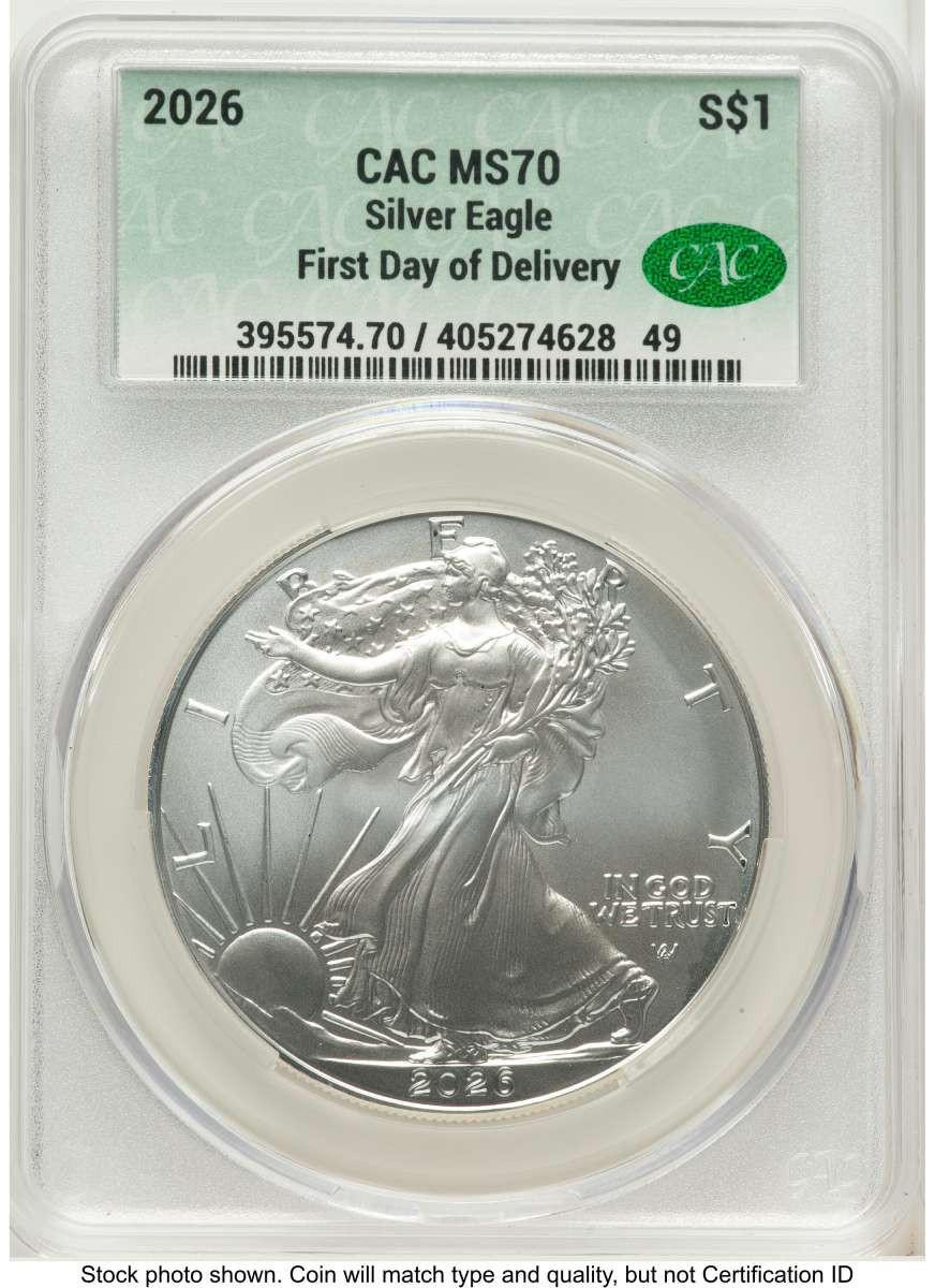 Bullionshark 2026 $1 American Silver Eagle Coin CACG MS70 - First Day of Issue - HAT523029088 