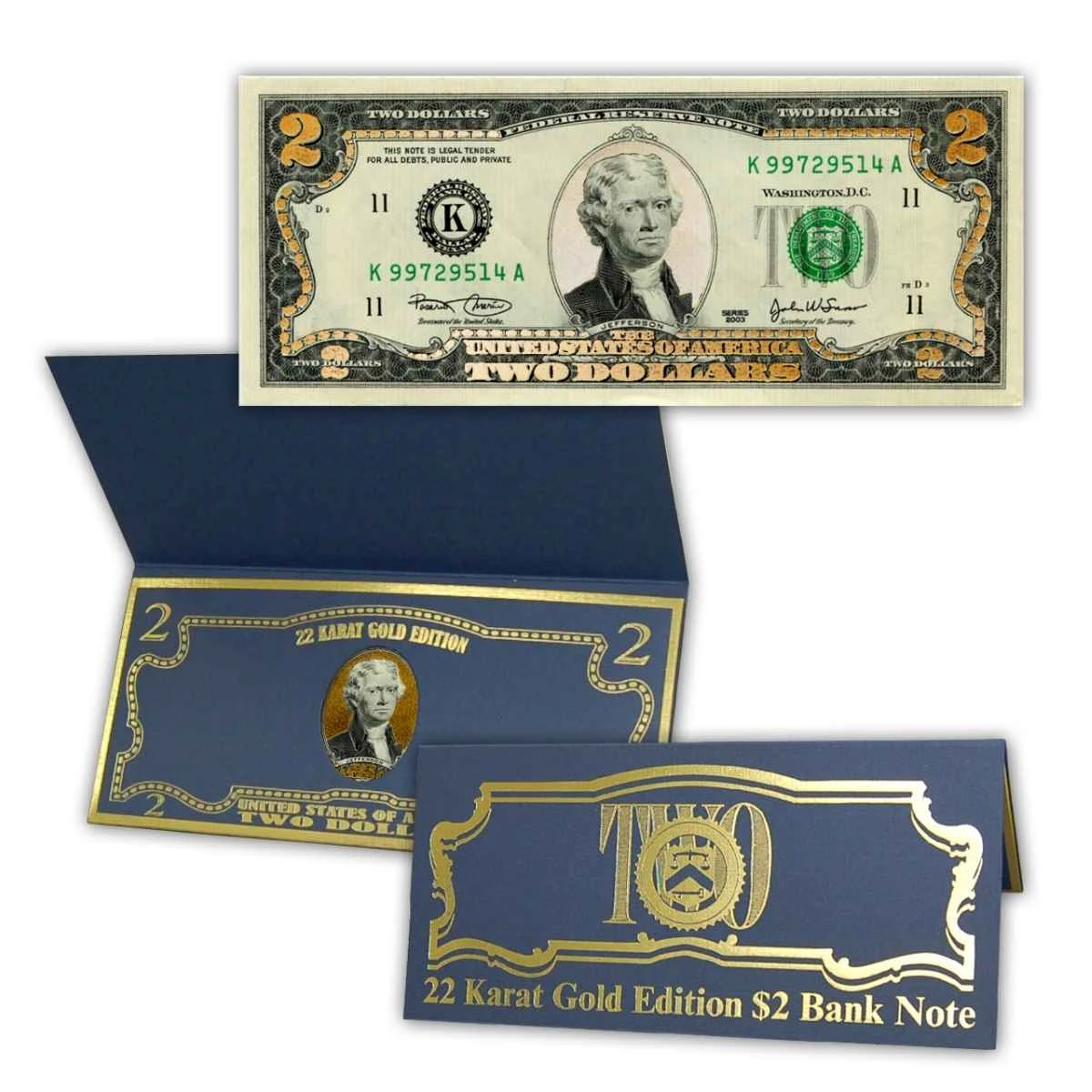 22K Gold-Layered Uncirculated Two-Dollar Bill