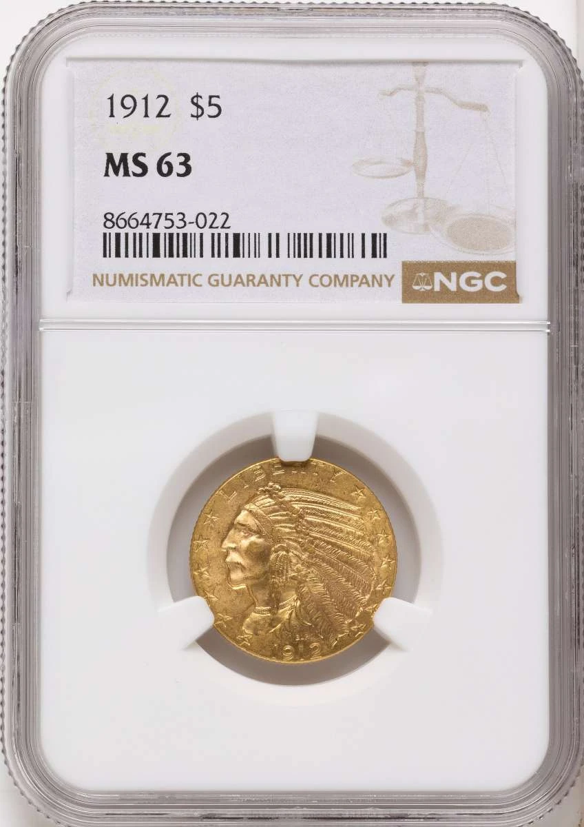 Bullionshark 1912 $5 Indian Gold Half Eagle Coin NGC MS63 - HAT508326007 