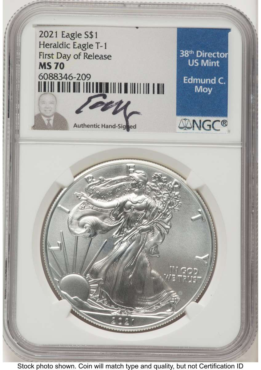 2021 S$1 American Silver Eagle Coin NGC MS70 - Type One - First Day of Issue coin front image