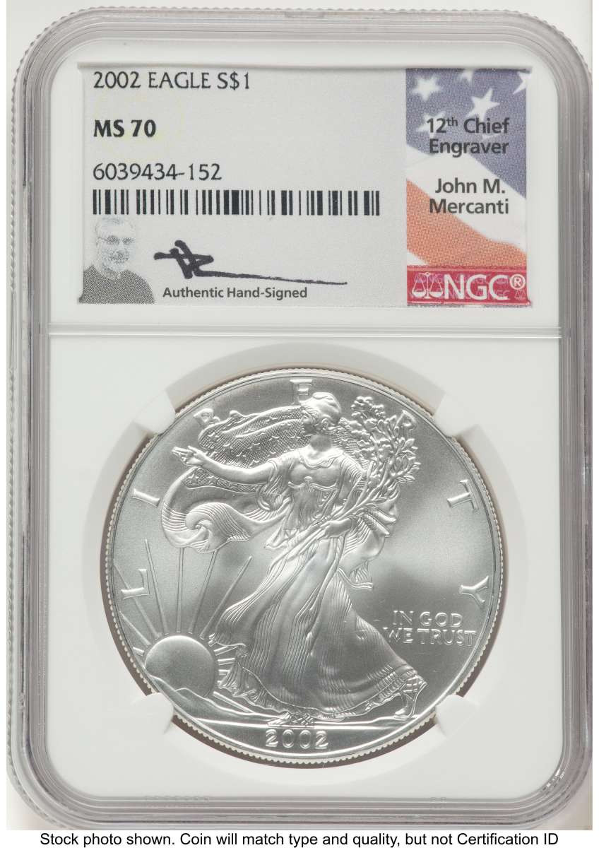 2002 S$1 American Silver Eagle Coin NGC MS70 coin front image