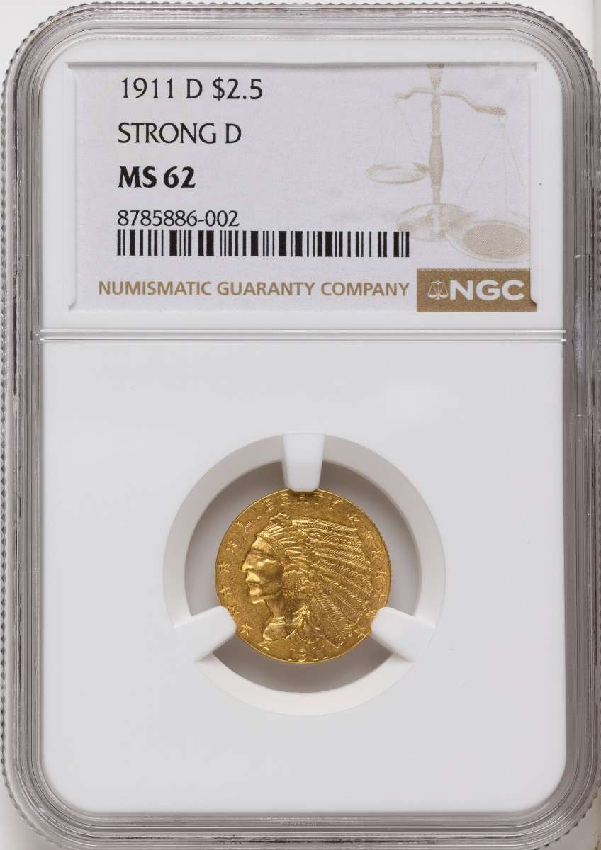 Bullionshark 1911-D $2.5 Indian Gold Quarter Eagle Coin NGC MS62 - HAT525399021 