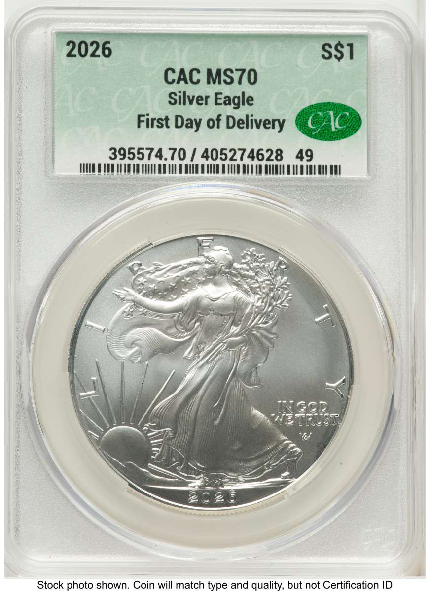 2026 $1 American Silver Eagle Coin CACG MS70 - First Day of Issue coin front image