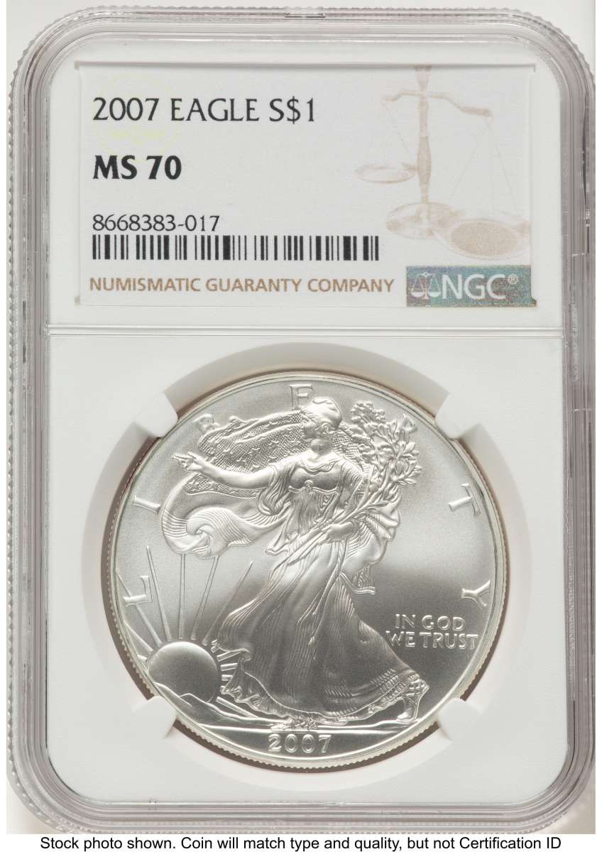 2007 S$1 American Silver Eagle Coin NGC MS70 coin front image