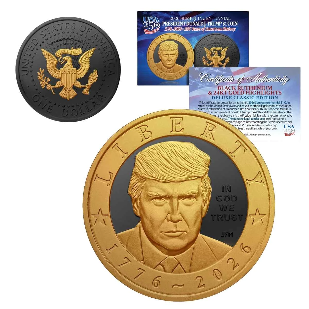 2026 President Donald J. Trump Semiquincentennial $1 Coin – Black Ruthenium & 24K Gold Highlights Deluxe Edition