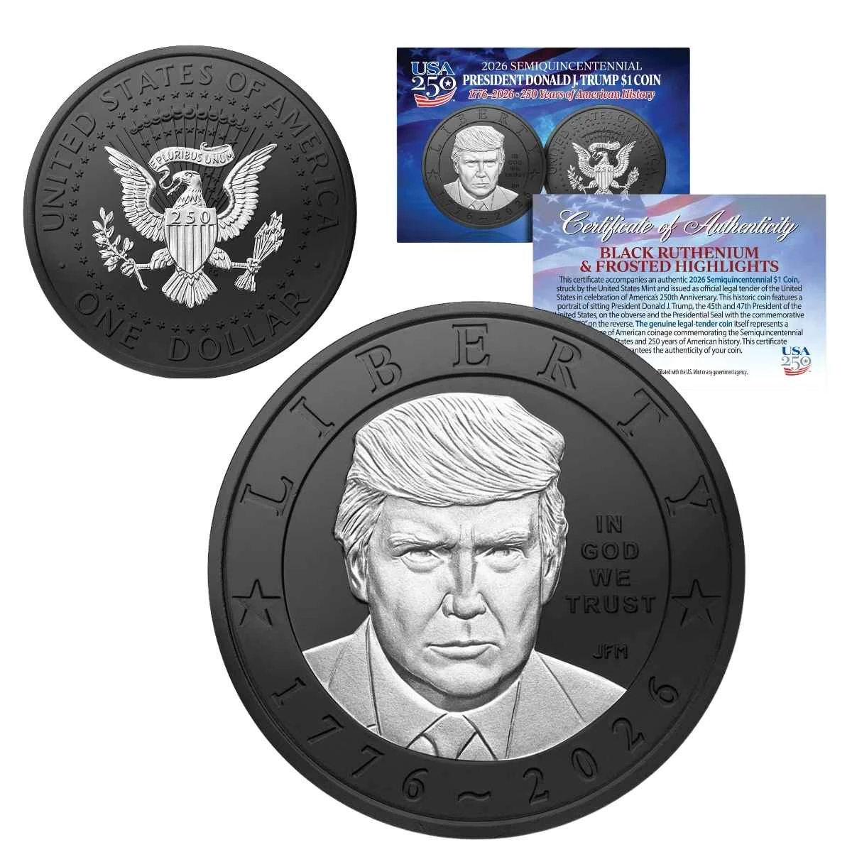 2026 Donald J. Trump Semiquincentennial $1 Coin – Black Ruthenium & Frosted Highlights Deluxe Edition 
