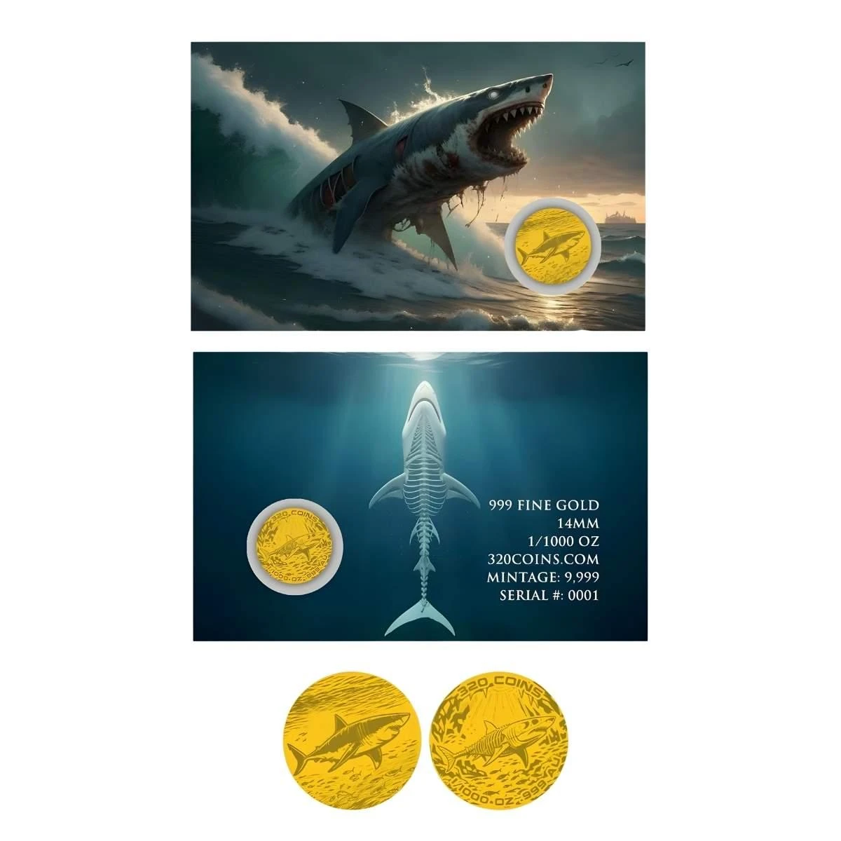  Un-Dead Shark 1/1000 oz .999 Fine Gold Round – Limited Mintage of 9,999 – Serial Numbered Collector Card 