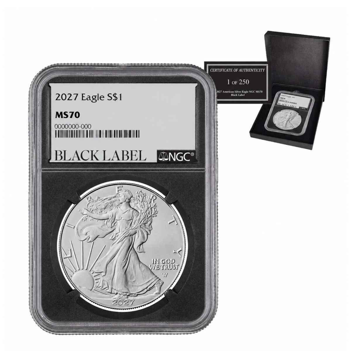  2027 $1 American Silver Eagle NGC MS70 Black Label w/Box & CoA (1 of 250) 