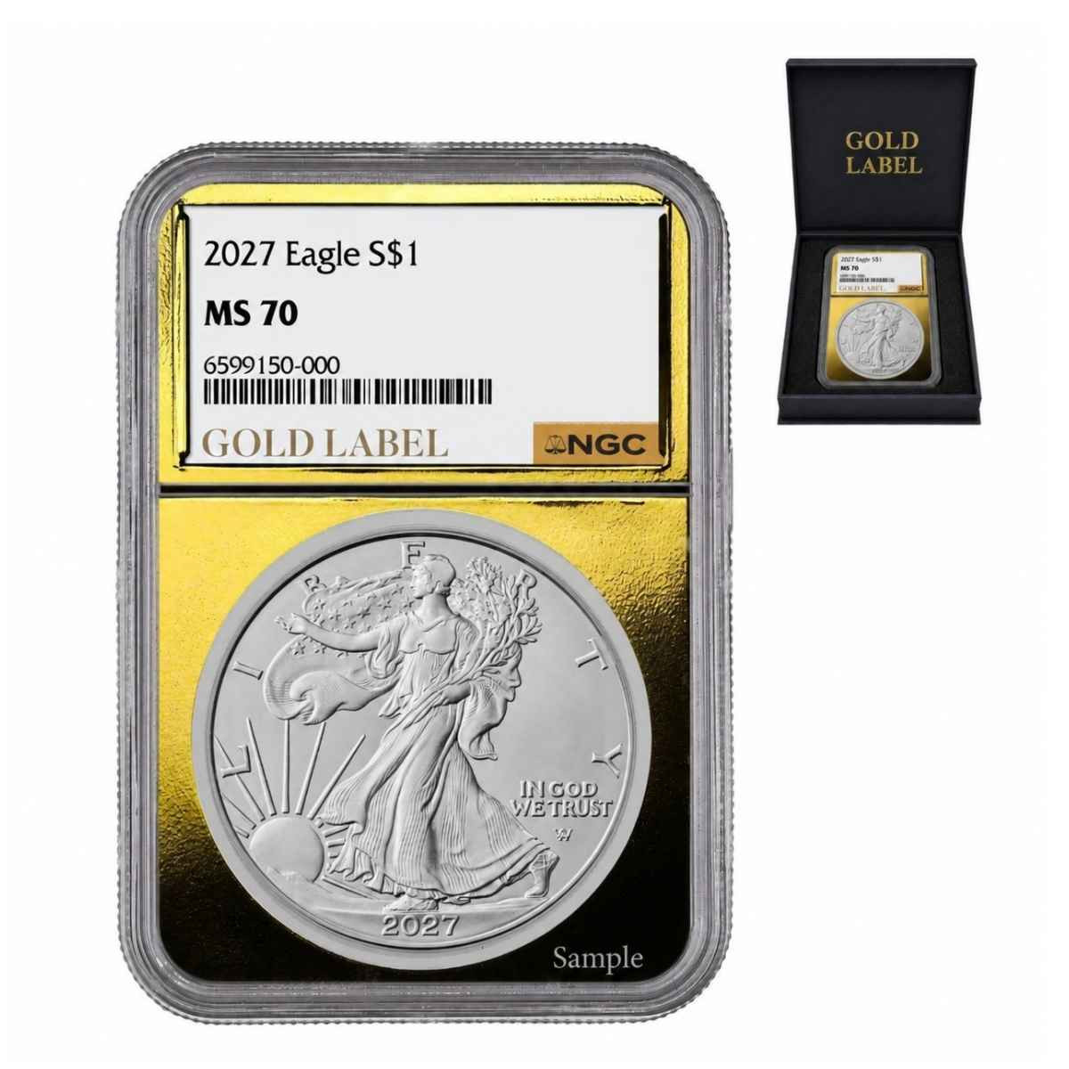 2027 $1 American Silver Eagle NGC MS70 Gold Label w/Box & CoA (1