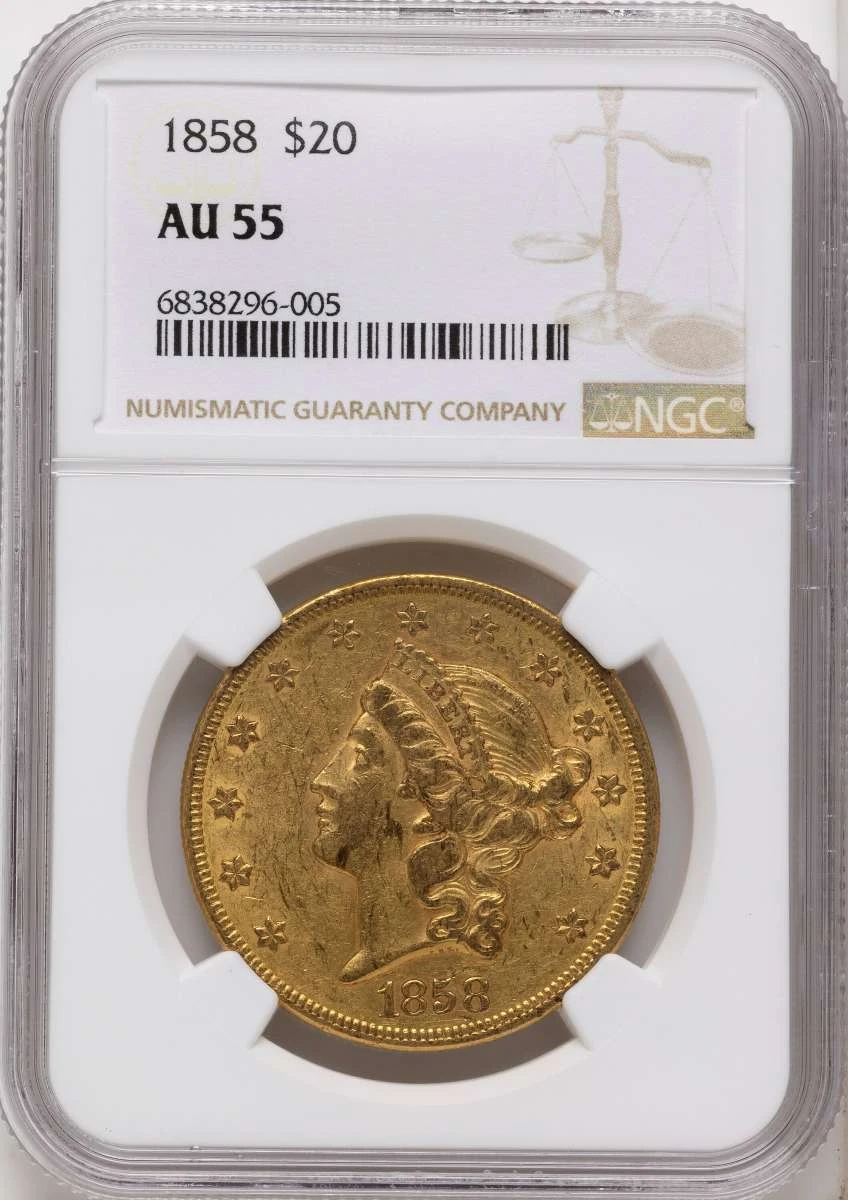 Bullionshark 1858 $20 Gold Liberty Double Eagle NGC AU55 - HAT508360001 