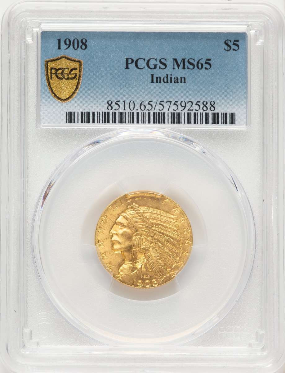 Bullionshark 1908 $5 Indian Gold Half Eagle Coin PCGS MS65 - HAT788813003 