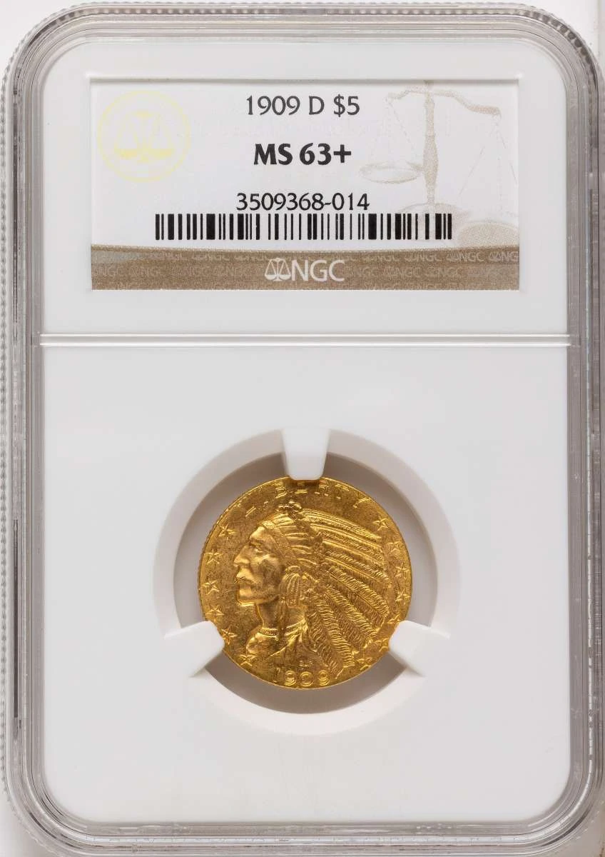 Bullionshark 1909-D $5 Indian Gold Half Eagle Coin NGC MS63  + - HAT525206056 