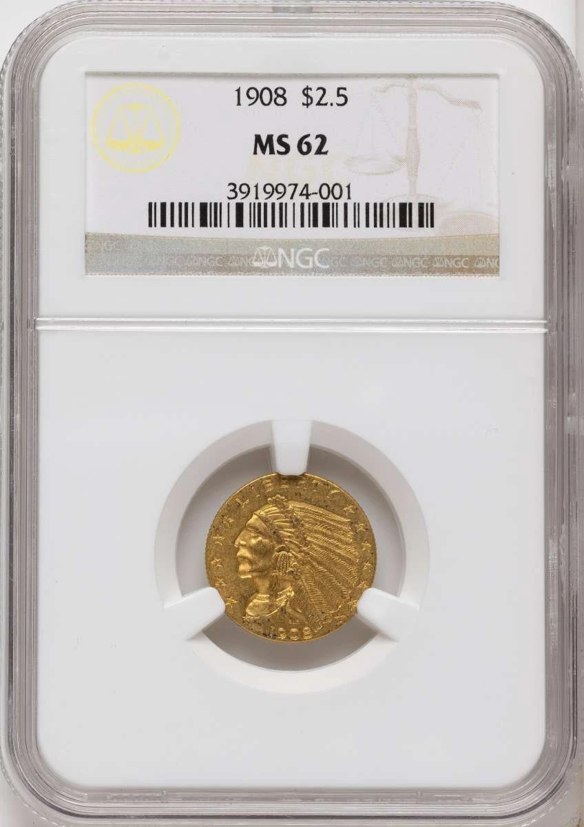 Bullionshark 1908 $2.5 Indian Gold Quarter Eagle Coin NGC MS62 - HAT790937001 