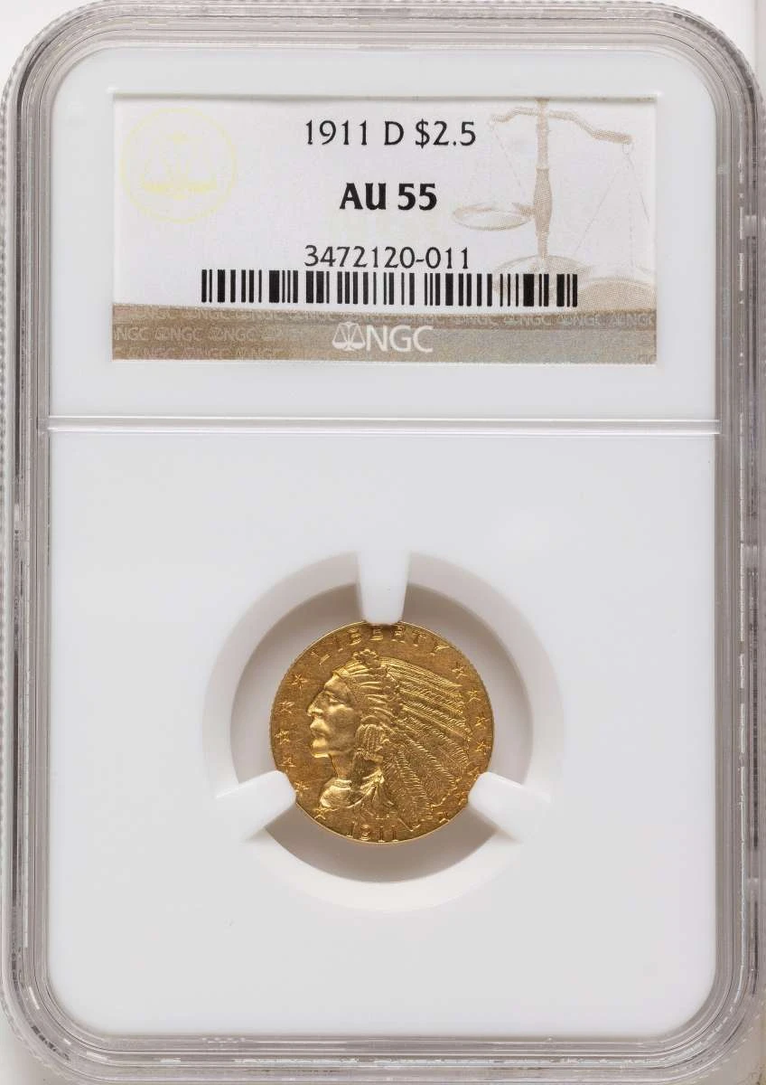Bullionshark 1911-D $2.5 Indian Gold Quarter Eagle Coin NGC AU55 - HAT790937005 