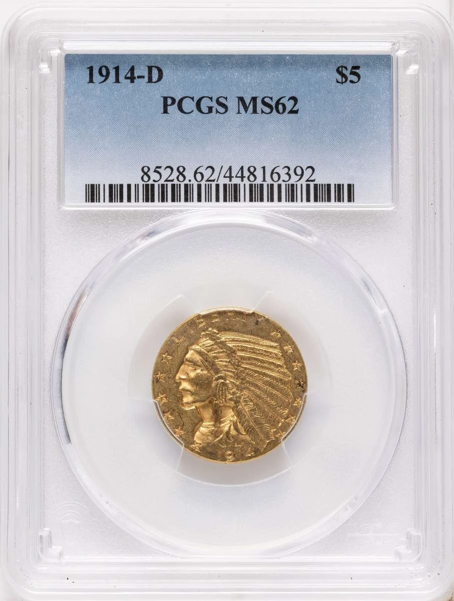 Bullionshark 1914-D $5 Indian Gold Half Eagle Coin PCGS MS62 - HAT790528009 