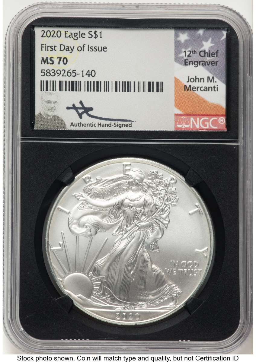 2020 S$1 American Silver Eagle Coin NGC MS70 - First Day of Issue coin front image