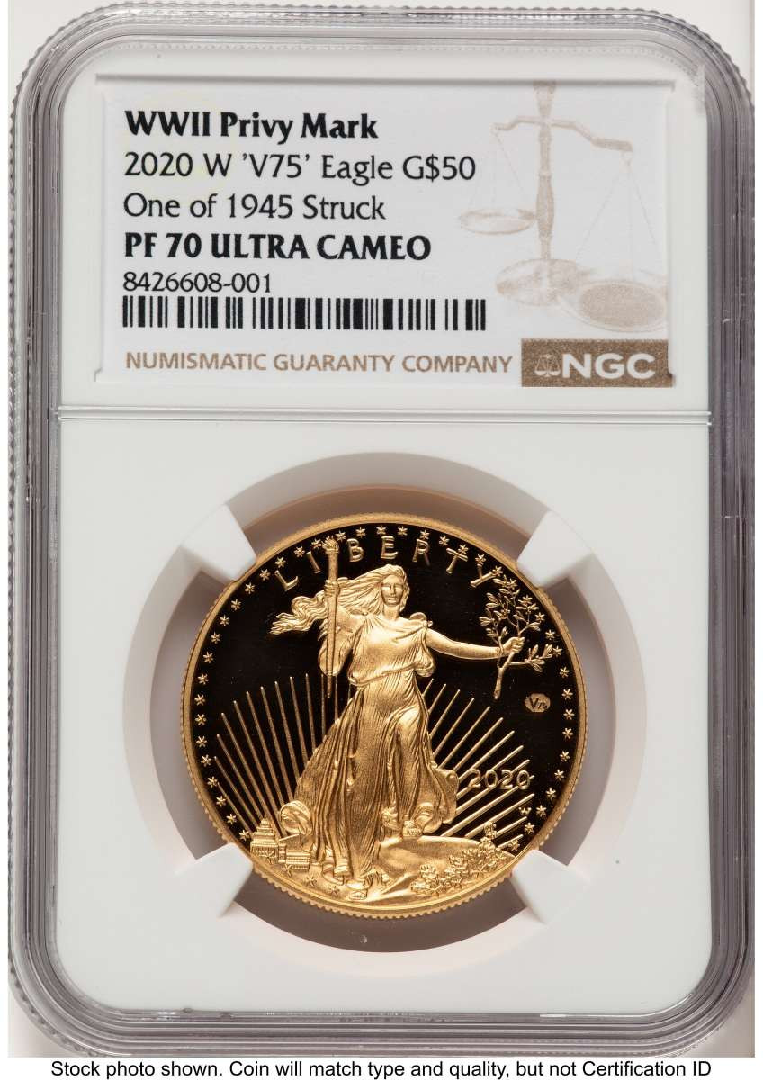 2020-W G$50 Proof 1 oz American Gold Eagle Coin NGC PF70 UCAM - v75 Privy - 1 of 1 - 945 Struck coin front image
