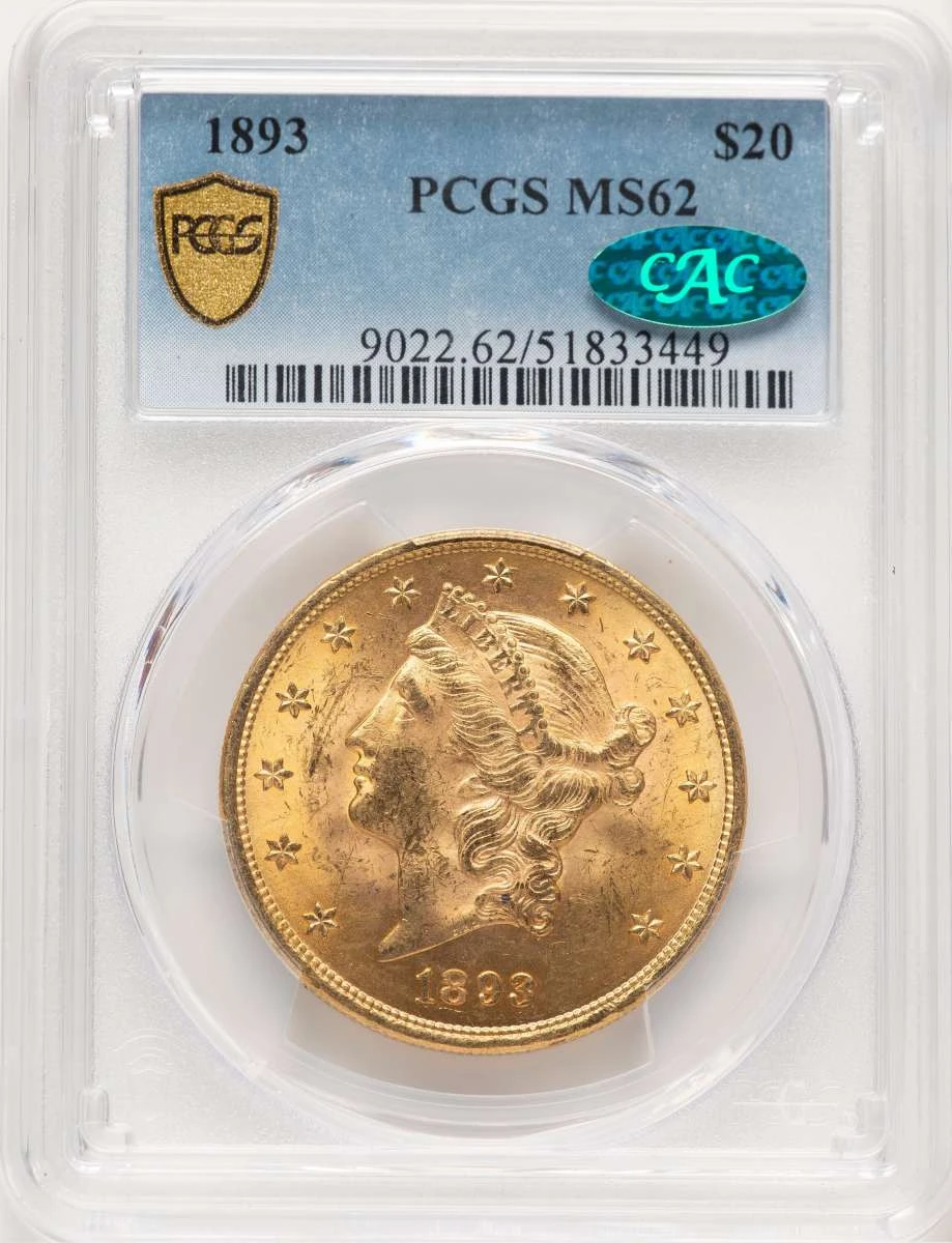 Bullionshark 1893 $20 Gold Liberty Double Eagle PCGS MS62  CAC - HAT777145038 