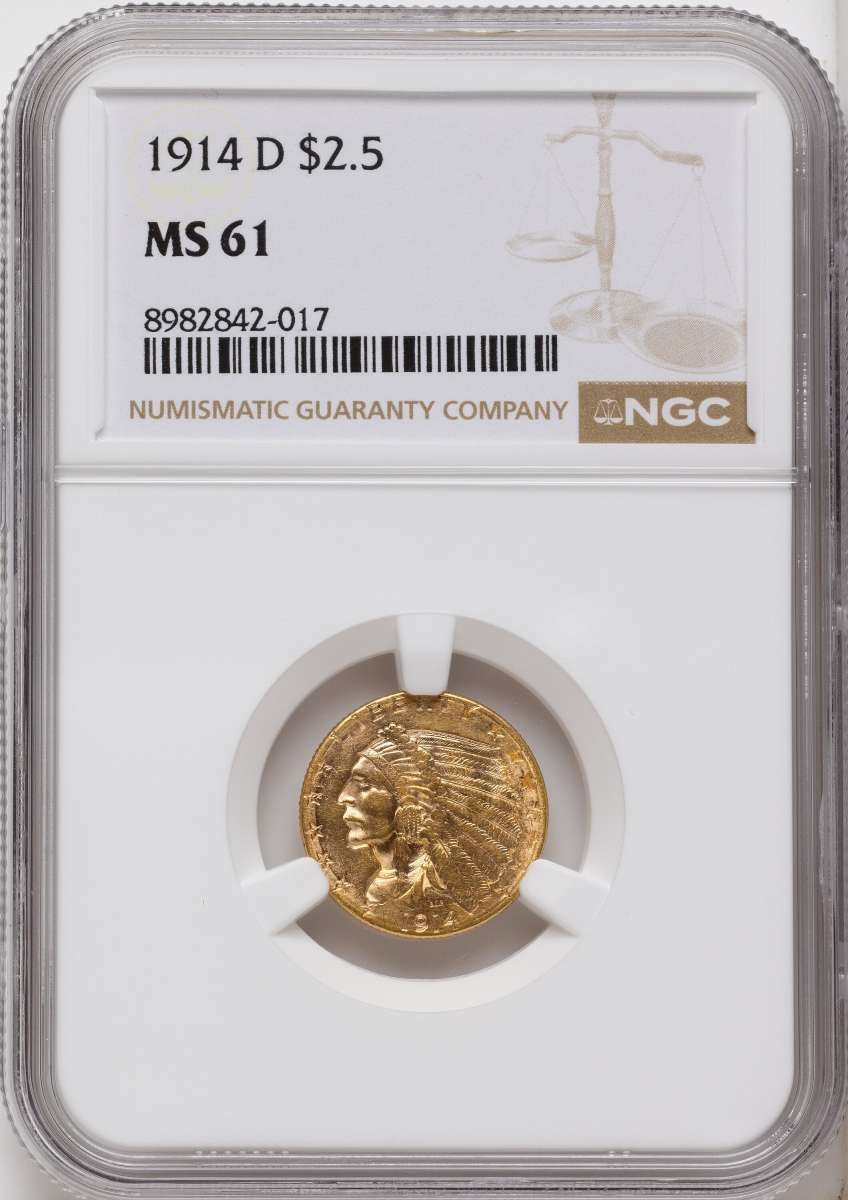 Bullionshark 1914-D $2.5 Indian Gold Quarter Eagle Coin NGC MS61 - HAT508309033 