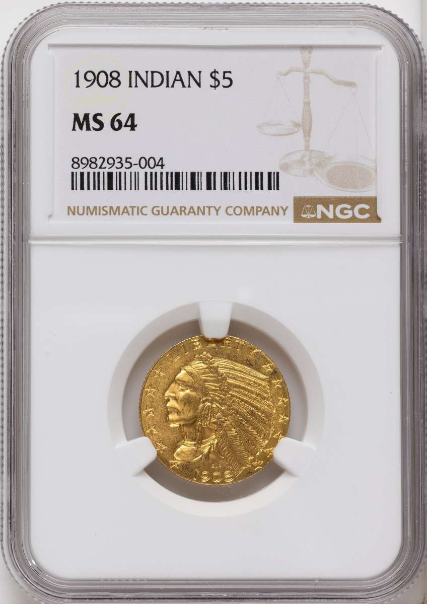 Bullionshark 1908 $5 Indian Gold Half Eagle Coin NGC MS64 - HAT177519003 