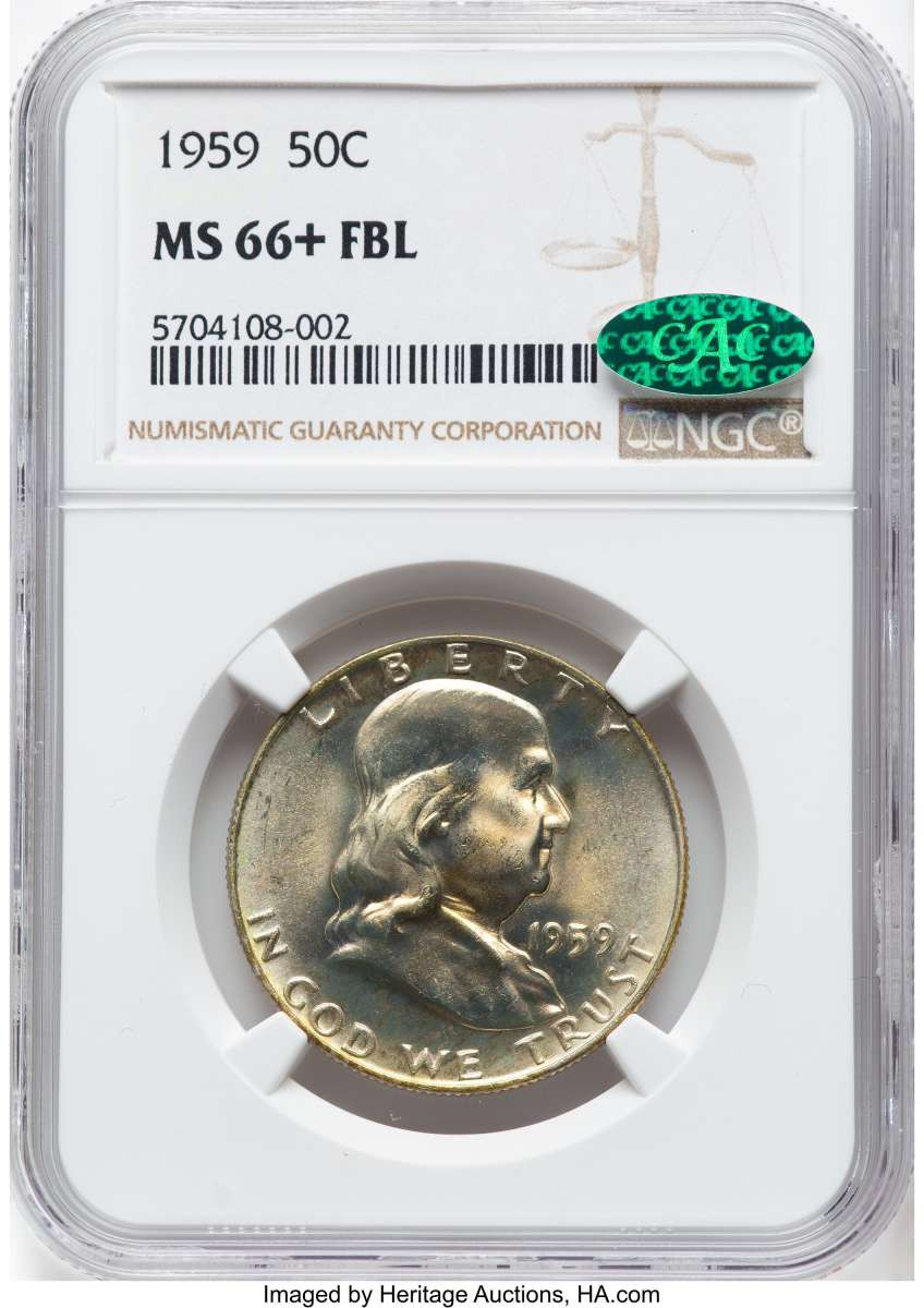 Bullionshark 1959 50C Franklin Half Dollar Coin NGC MS66  CAC + - HAT791027063 