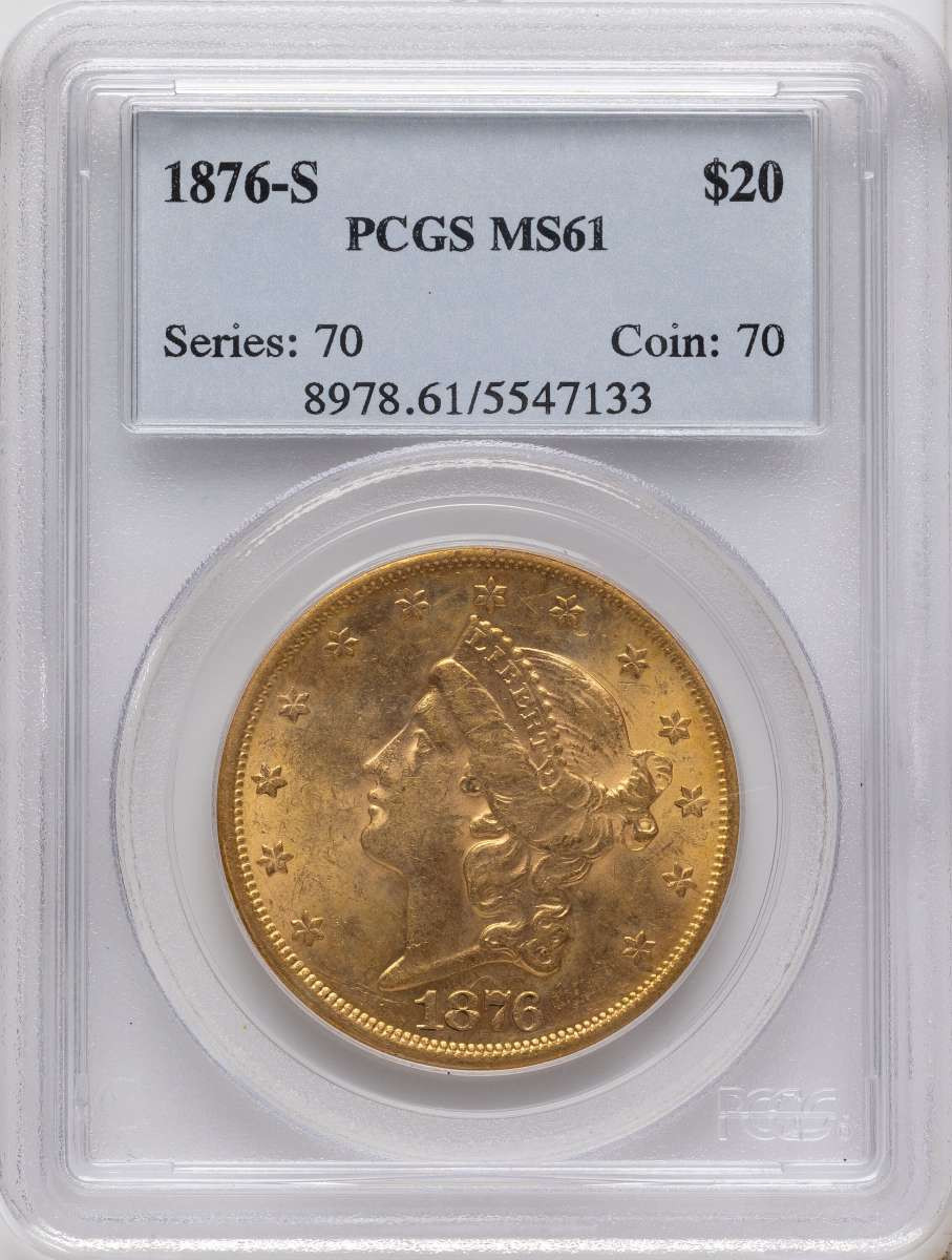 1876-S $20 Gold Liberty Double Eagle PCGS MS61 coin front image