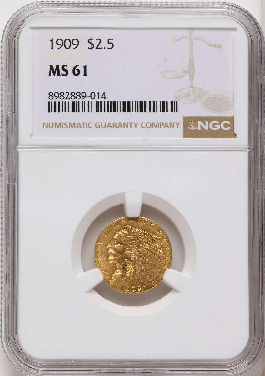 Bullionshark 1909 $2.5 Indian Gold Quarter Eagle Coin NGC MS61 - HAT508340001 
