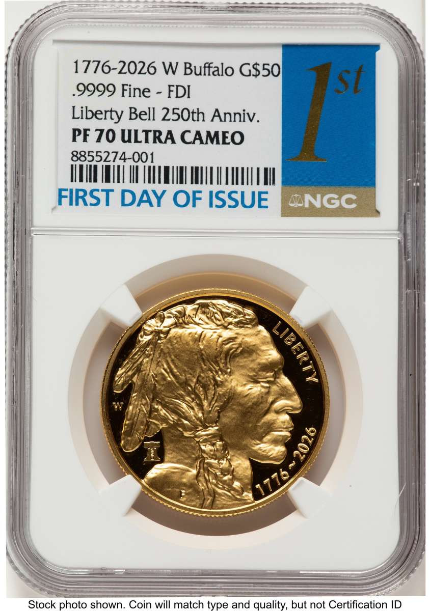 Bullionshark 2026-W G$50 Proof 1 oz American Gold Buffalo Coin NGC PF70 UCAM - Liberty Bell 250 Privy - First Day of Issue - HAT789229077 
