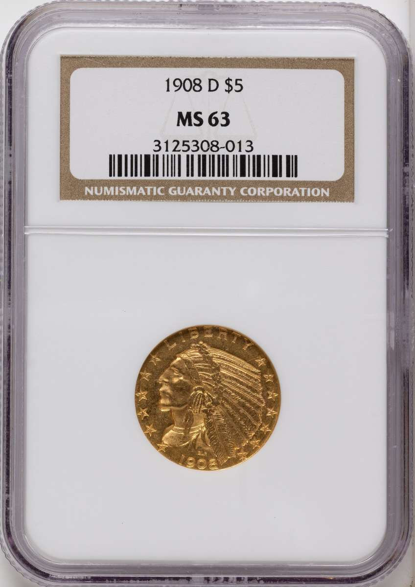 1908-D $5 Indian Gold Half Eagle Coin NGC MS63 coin front image